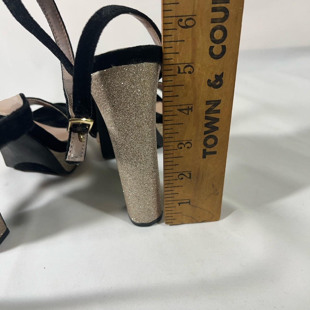 BETSY JOHNSON MATTIE BLACK VELVET PLATFORM GOLD GLITTER HEELS 7.5M PREOWNED - Picture 12 of 12